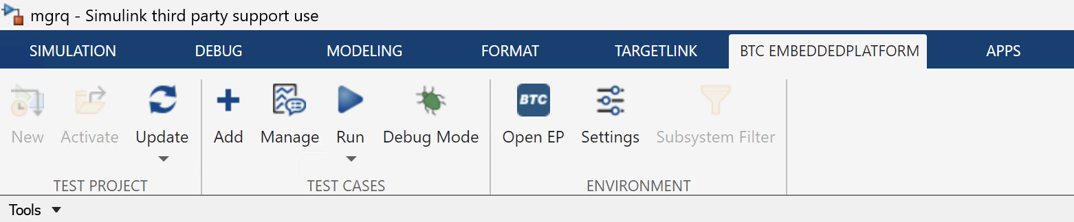 BTC TestManager in the Simulink ribbon