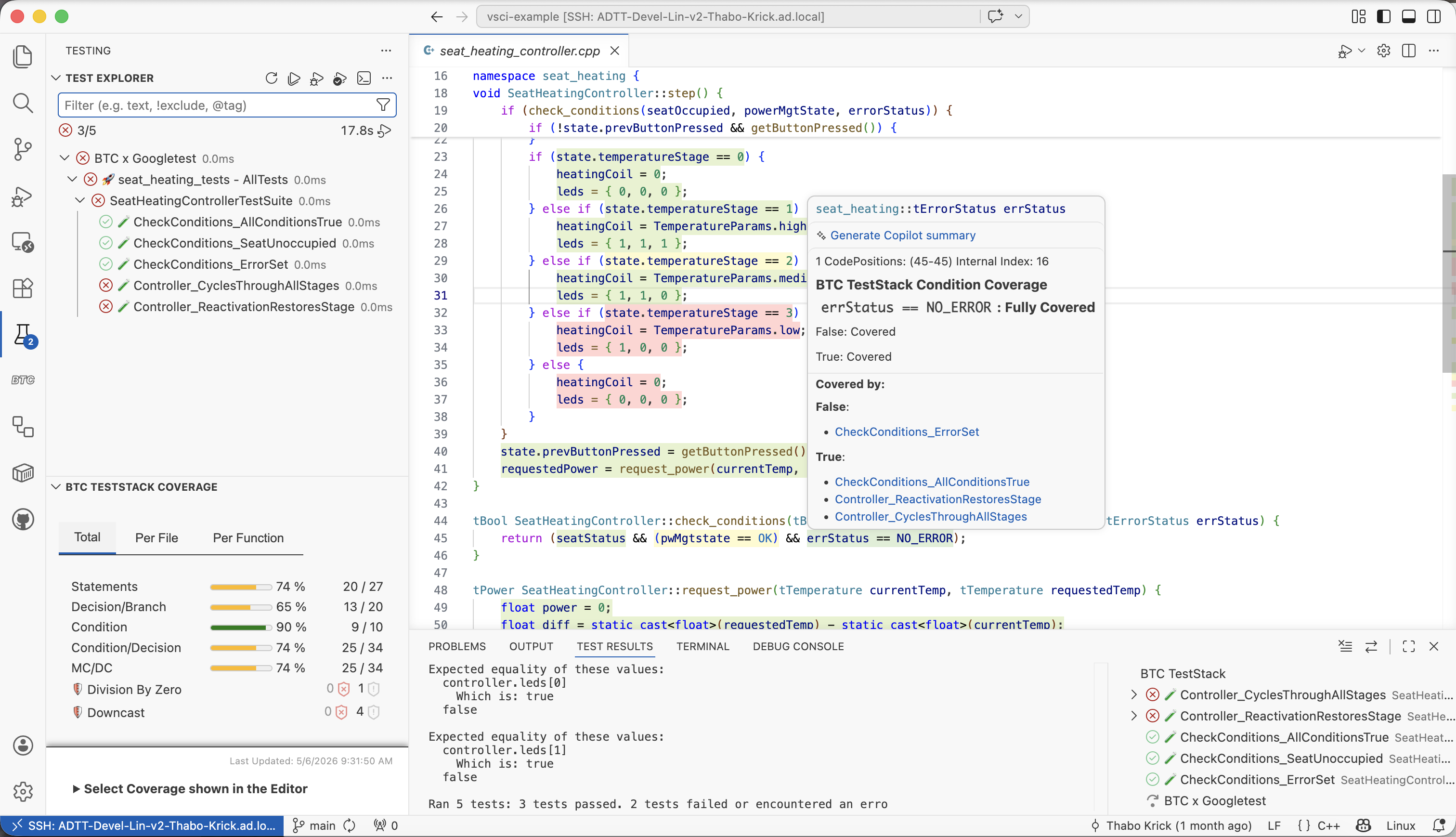 Code coverage with MC/DC visualized in the editor